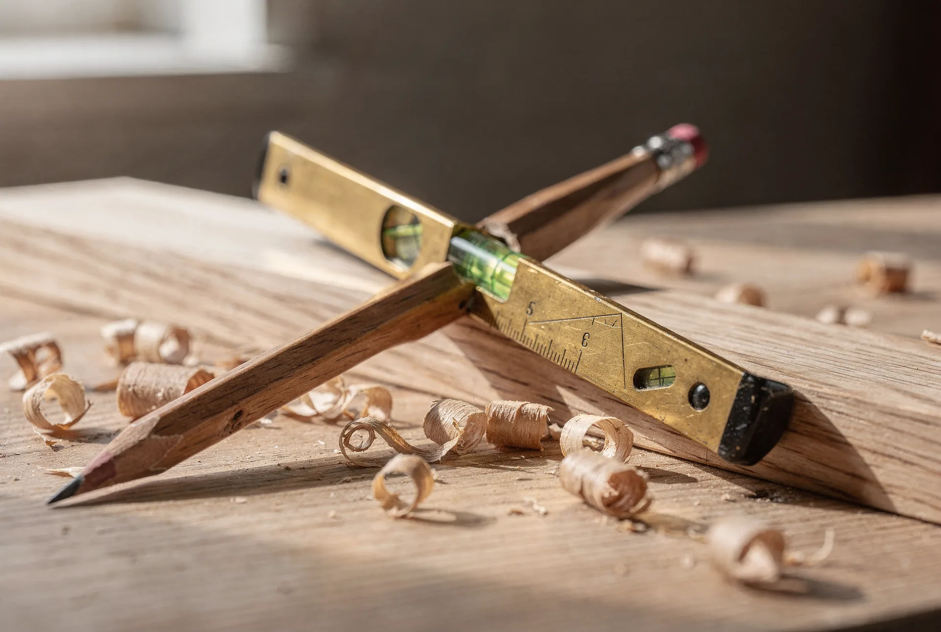 Spirit level and carpenter pencil on fresh-sawn oak