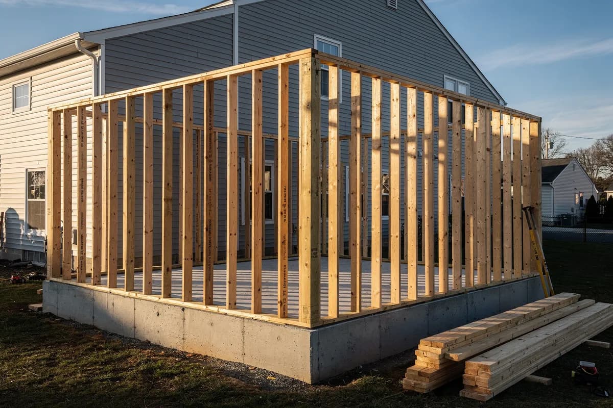 Ampliación de vivienda en construcción con paredes de madera recién enmarcadas